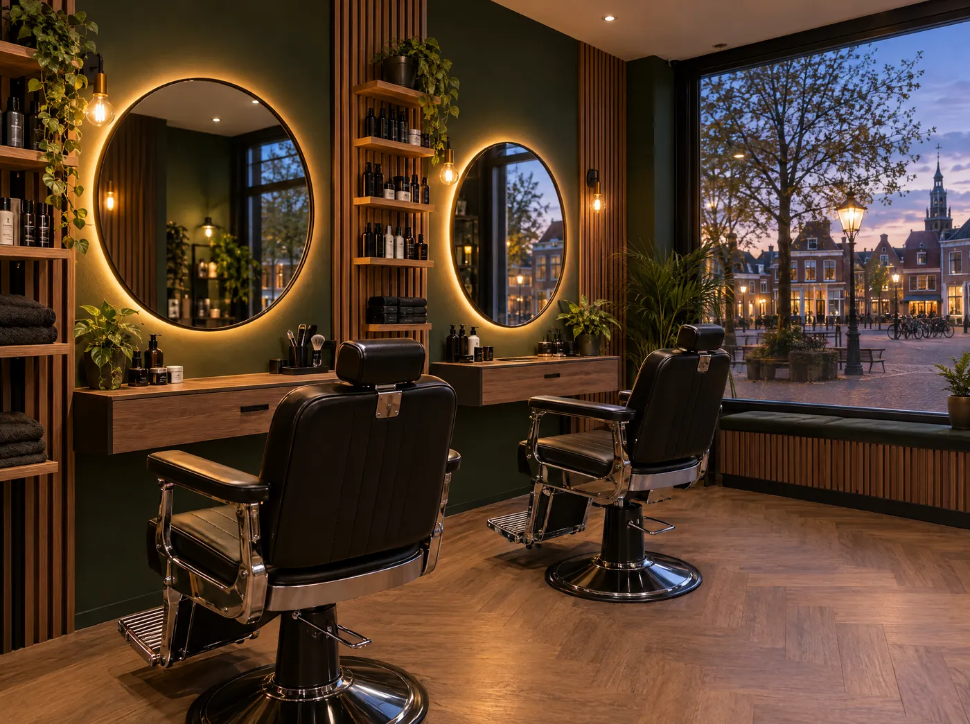 Sfeerbeeld: kapperszaak met leren stoelen en ronde spiegels
